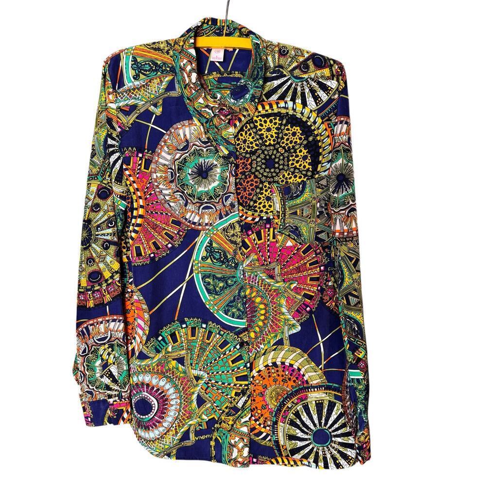 Catch My I Blouse Womens Large Silky Boho Geometric Print Button Front Shirt